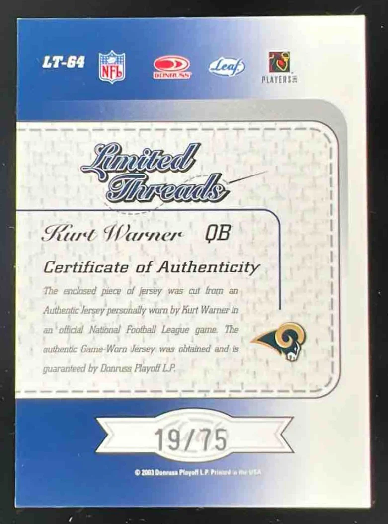 2003 Leaf Limited Threads Positions #LT-64 Kurt Warner /75 - Image 2