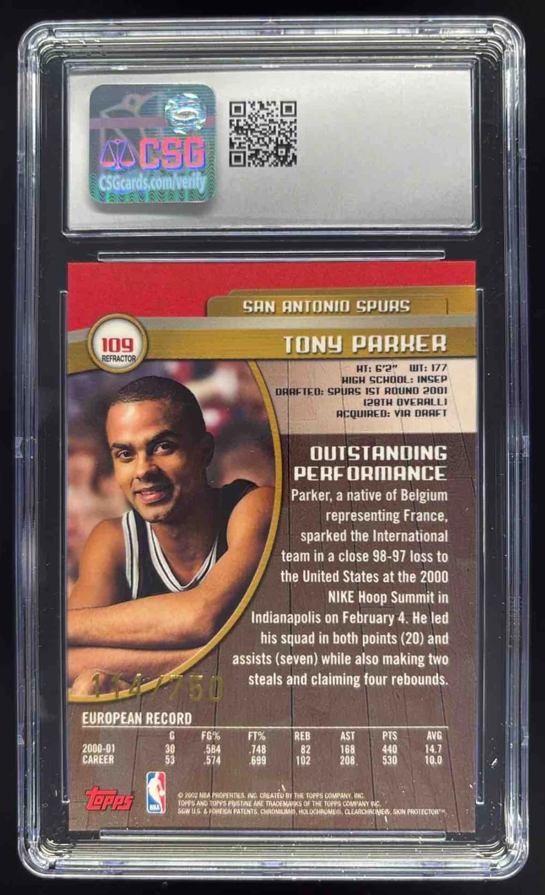 2001-02 Topps Pristine Refractors #109 Tony Parker RC /750 CSG 9.5 - Image 2