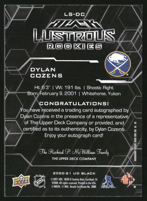 2020-21 UD Black Lustrous Rookie Signatures #LSDC Dylan Cozens RC Auto /199 - Image 2