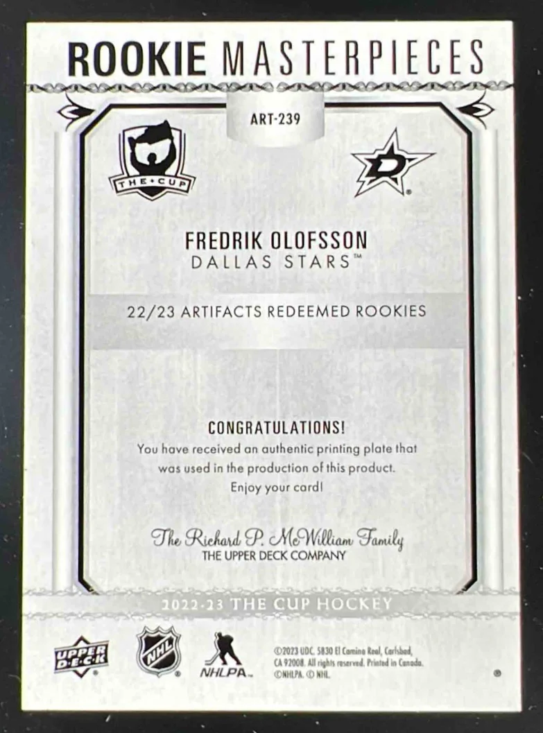 2022-23 The Cup Rookie Masterpieces Printing Plate Magenta Fredrik Olofsson 1/1 - Image 2