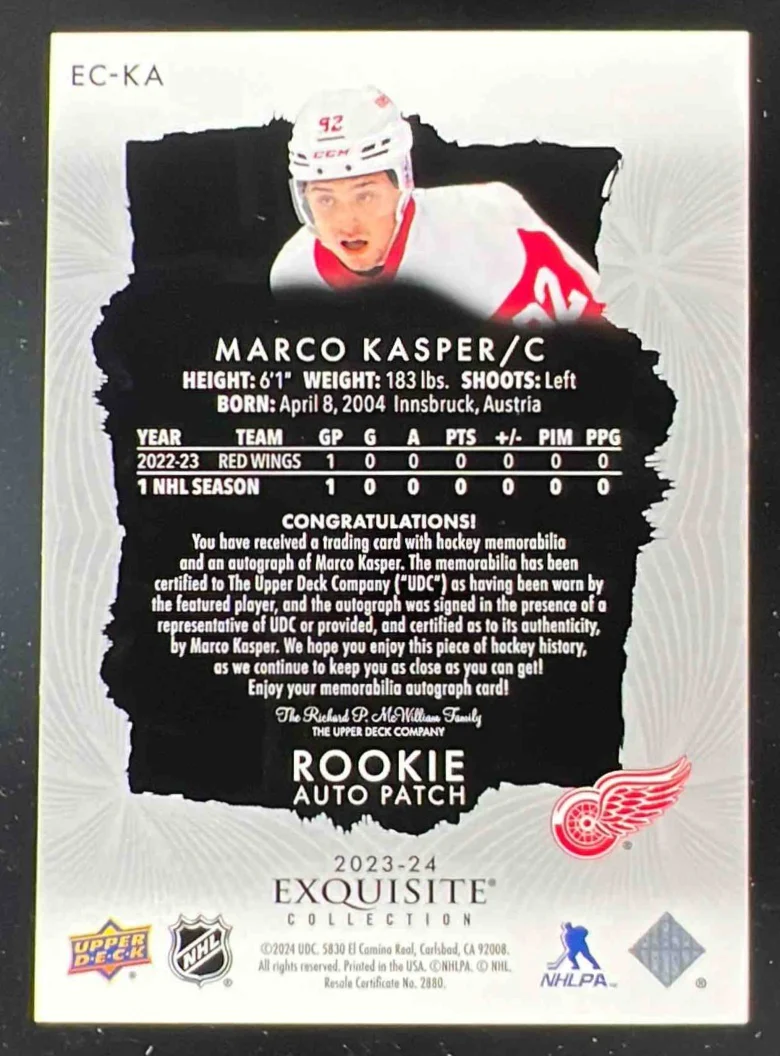 2023-24 The Cup Rookie Auto Patch #EC-KA Marco Kasper Autograph Auto /92 - Image 2