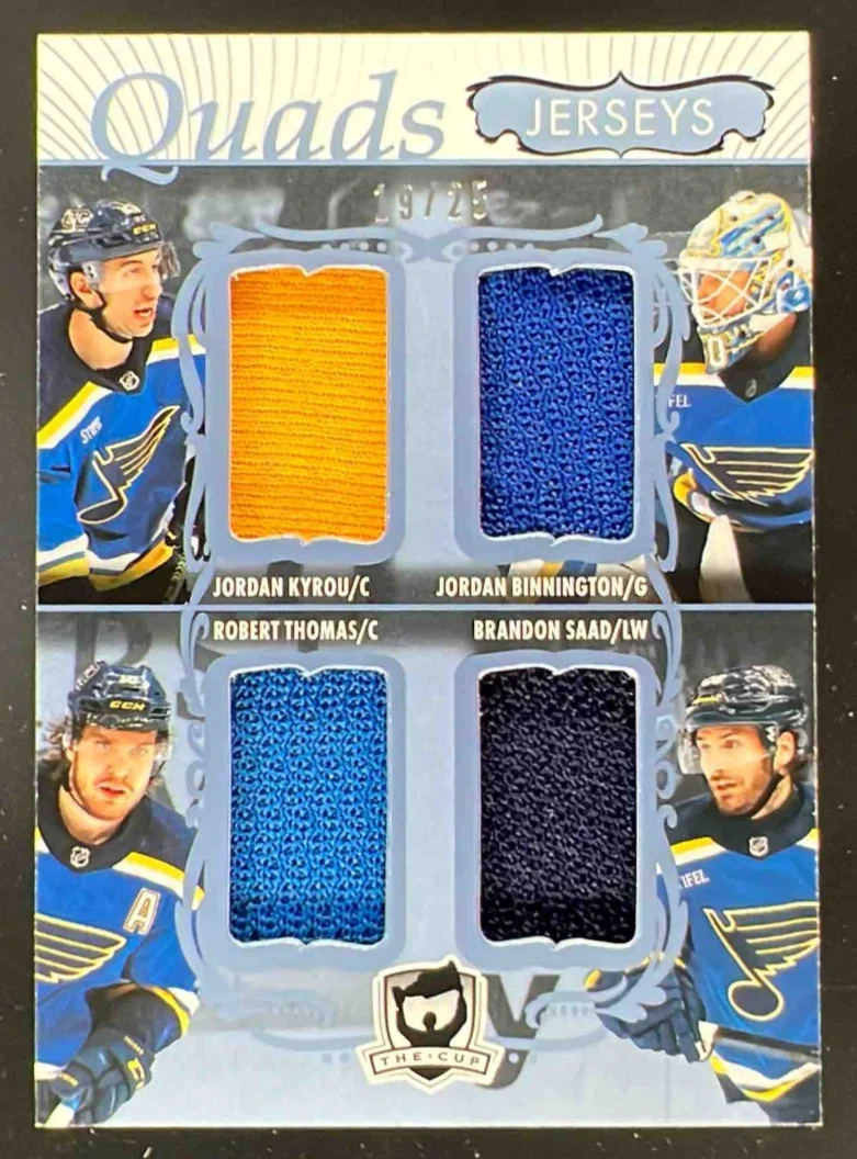 2023 The Cup Quads Jersey Jordan Kyrou Jordan Binnington Robert Thomas Saad /25