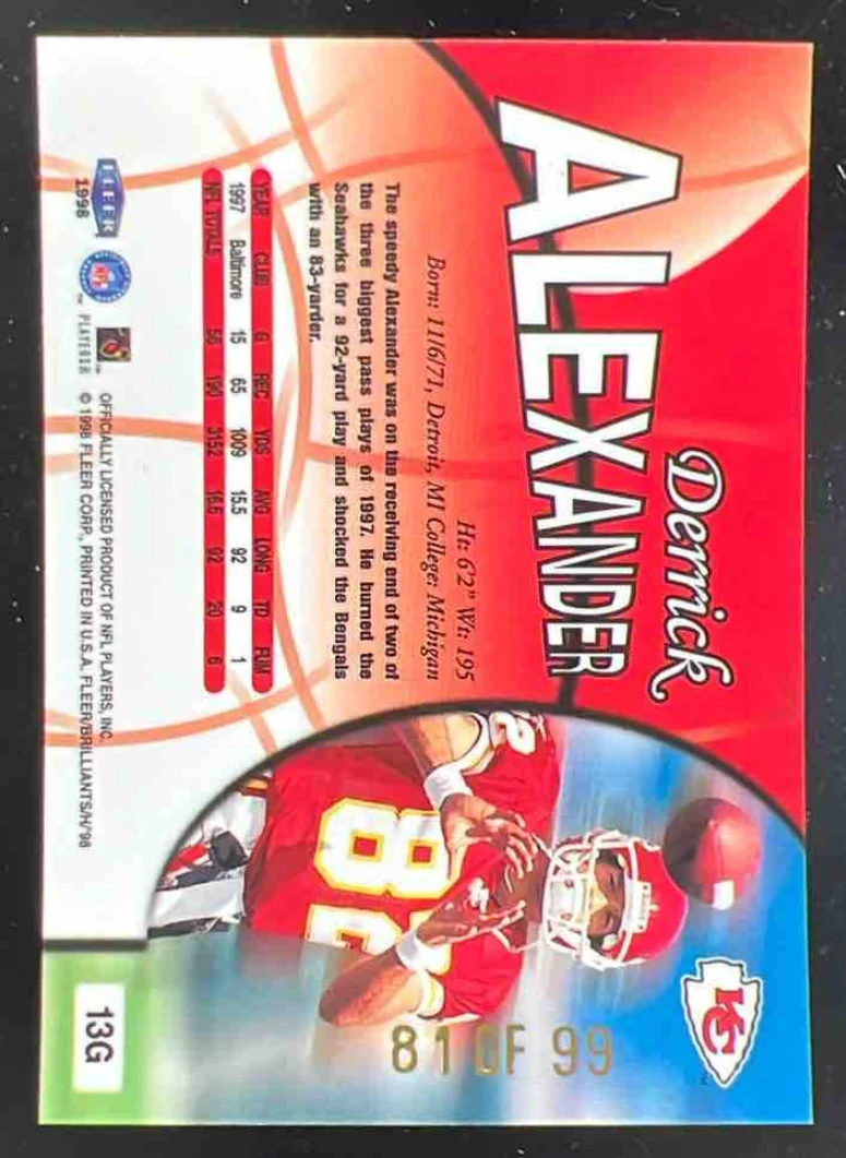 1998 Fleer Brilliants Gold #13G Derrick Alexander /99 - Image 2