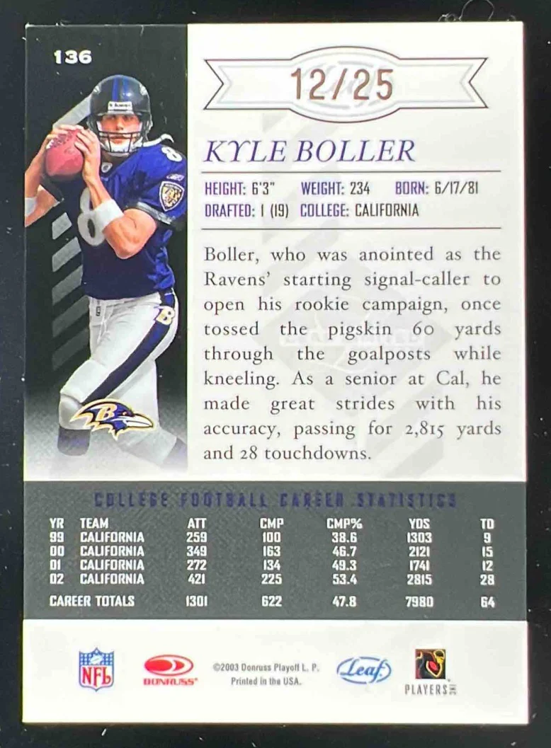 2003 Leaf Limited Bronze Spotlight #136 Kyle Boller RC Auto /25 - Image 2