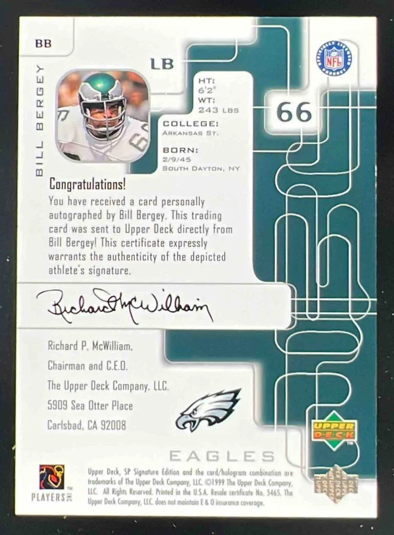 1999 SP Signature Gold Autographs #BB Bill Bergey Auto - Image 2