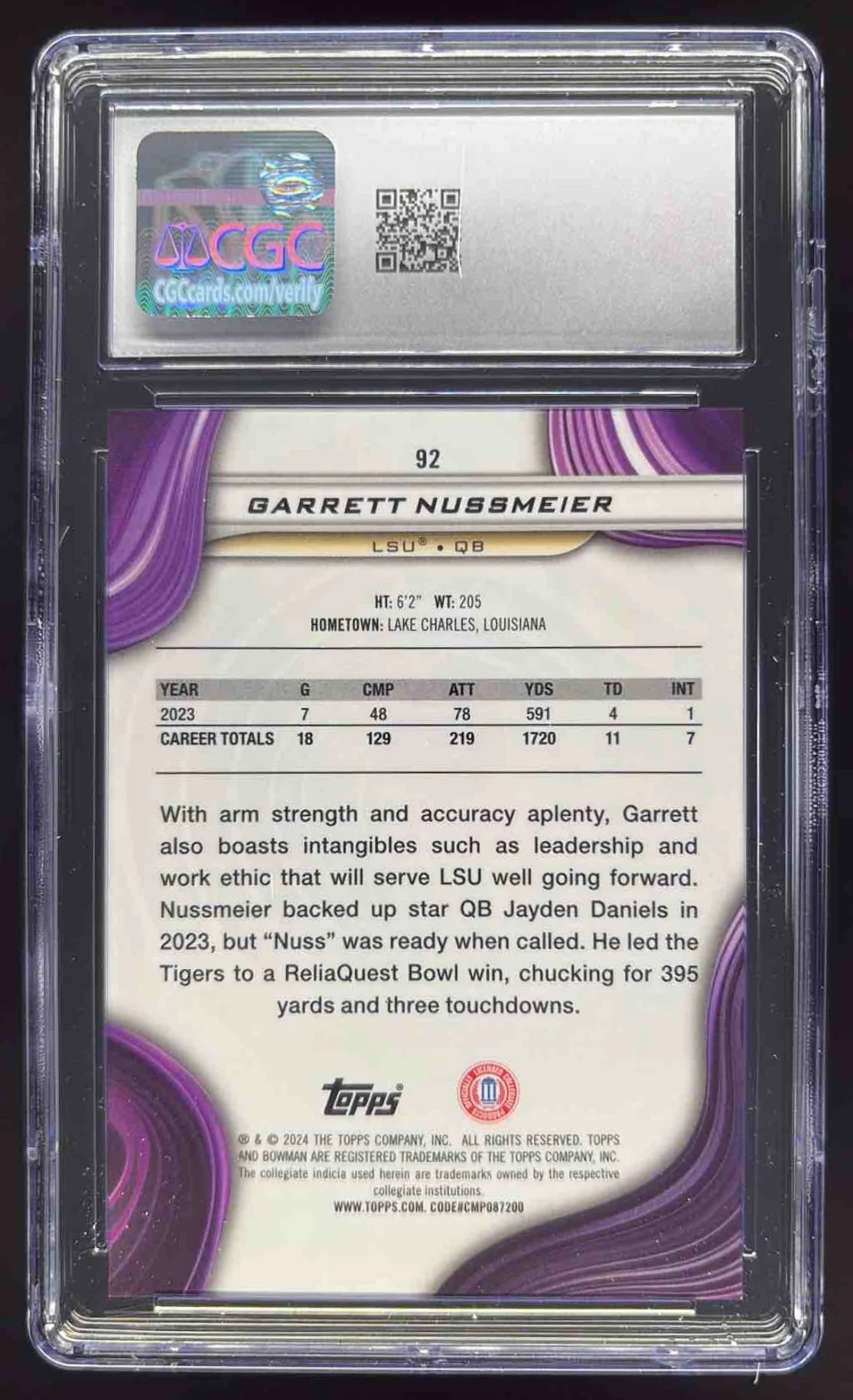 2024 Bowman Best University Red Refractor #92 Garrett Nussmeier /10 CGC 10 - Image 2