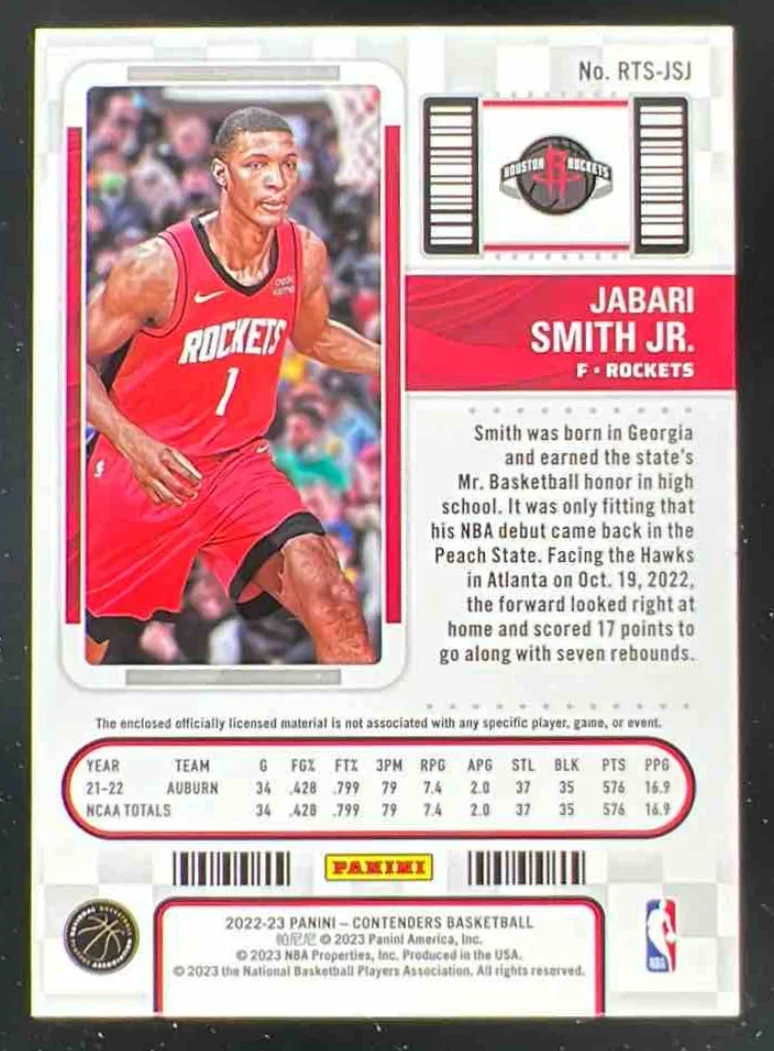 2022-23 Contenders Rookie Ticket Swatches Prime #RTS-JSJ Jabari Smith Jr. RC /10 - Image 2