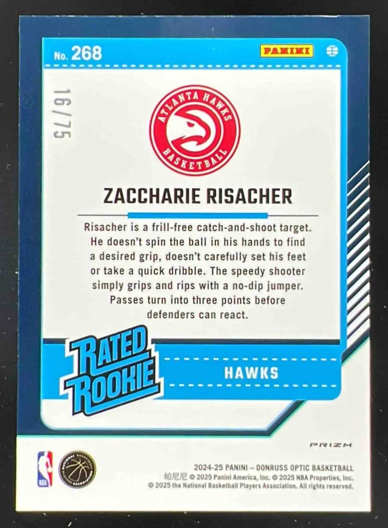 2024-25 Donruss Optic Rated Rookie Blue Shimmer #268 Zaccharie Risacher RC /75 - Image 2