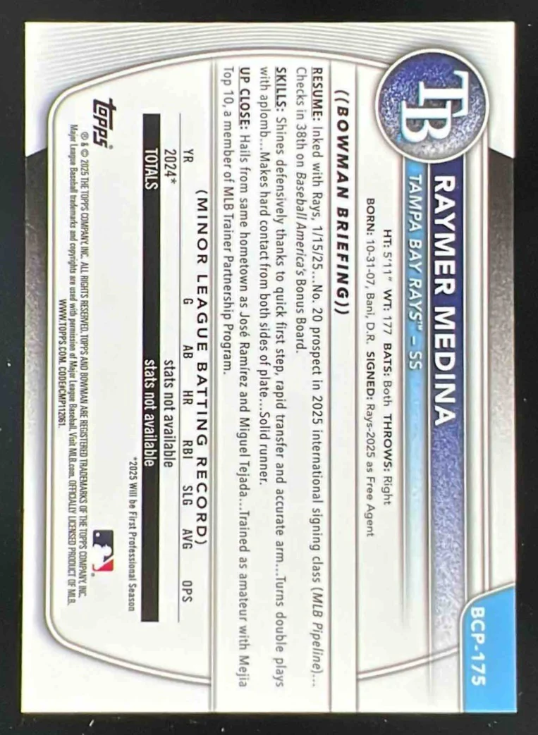 2025 Bowman Chrome Prospects Orange Wave Refractor #BCP-175 Raymer Medina RC /25 - Image 2