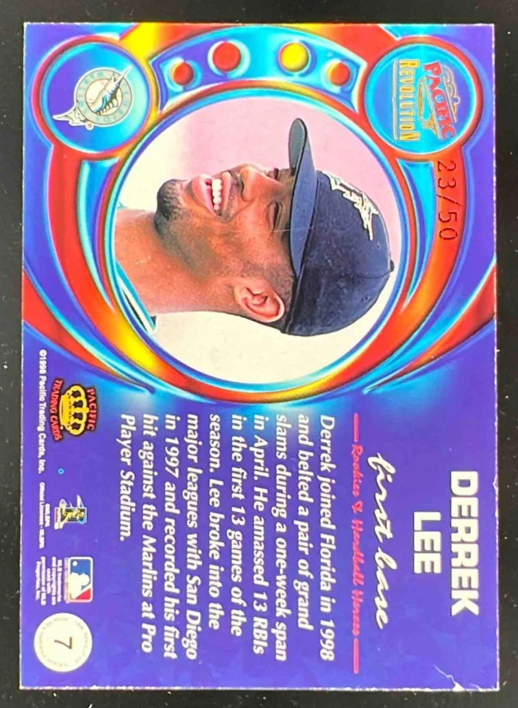 1998 Pacific Revolution Rookies and Hardball Heroes Gold #7 Derrek Lee /50 - Image 2