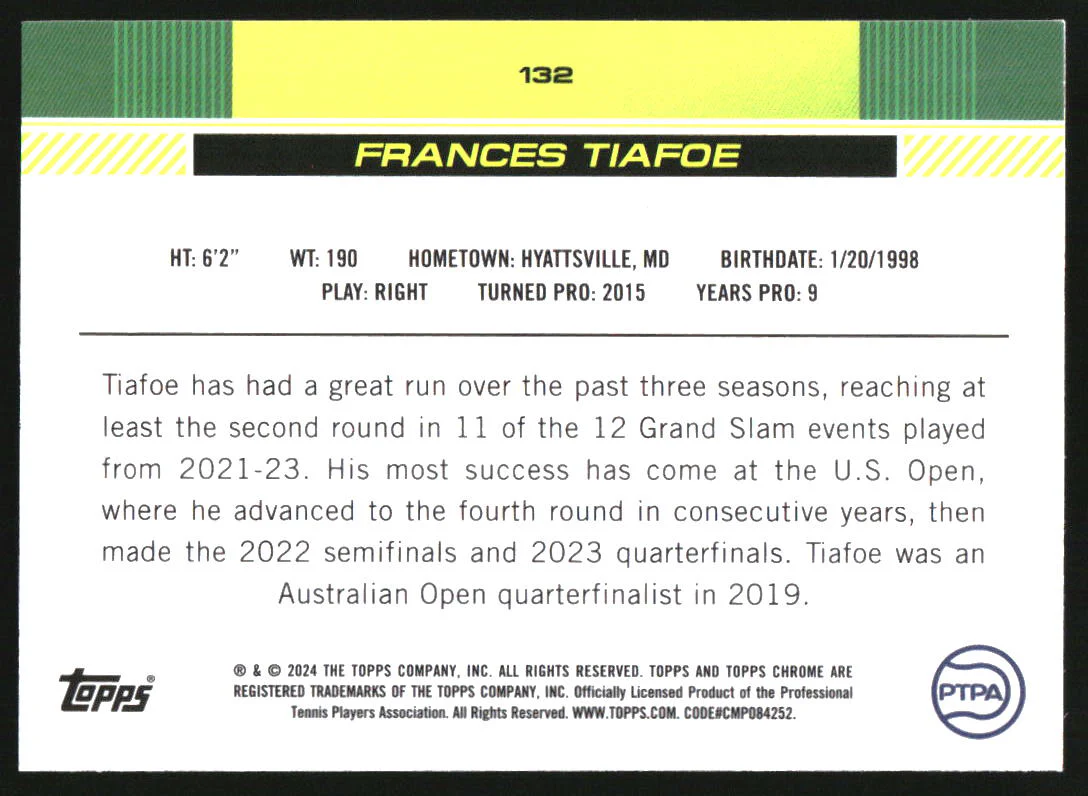 2024 Topps Chrome Tennis Orange Refractors #132 Frances Tiafoe - Image 2