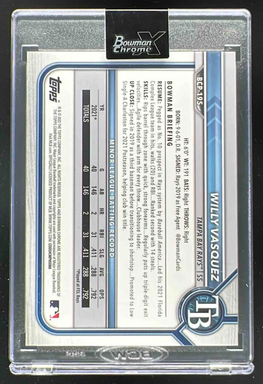 2022 Bowman Chrome X Prospects Red X-Fractor #BCP-195 Willy Vasquez RC /3 - Image 2
