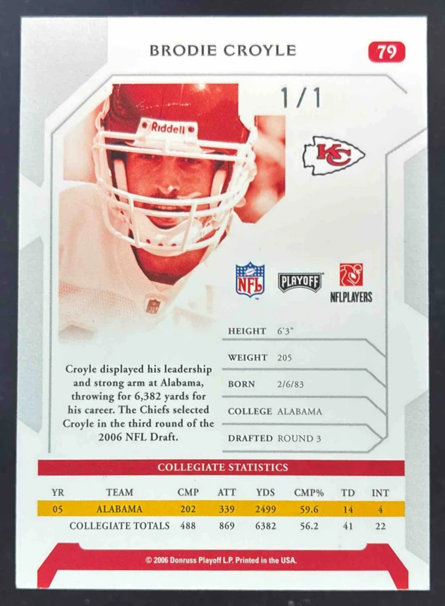 2006 Playoff NFL Playoffs Signature Proofs Platinum #79 Brodie Croyle Auto 1/1 - Image 2