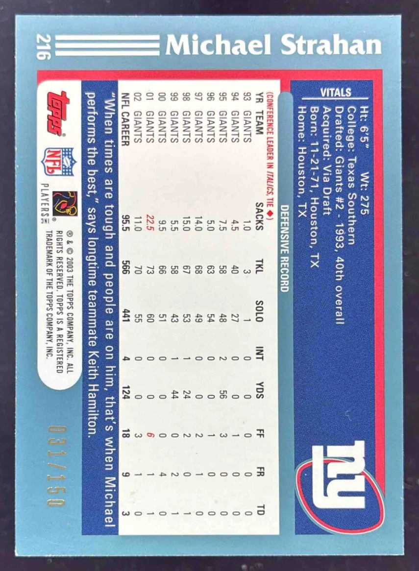 2003 Topps Black #216 Michael Strahan /150 - Image 2