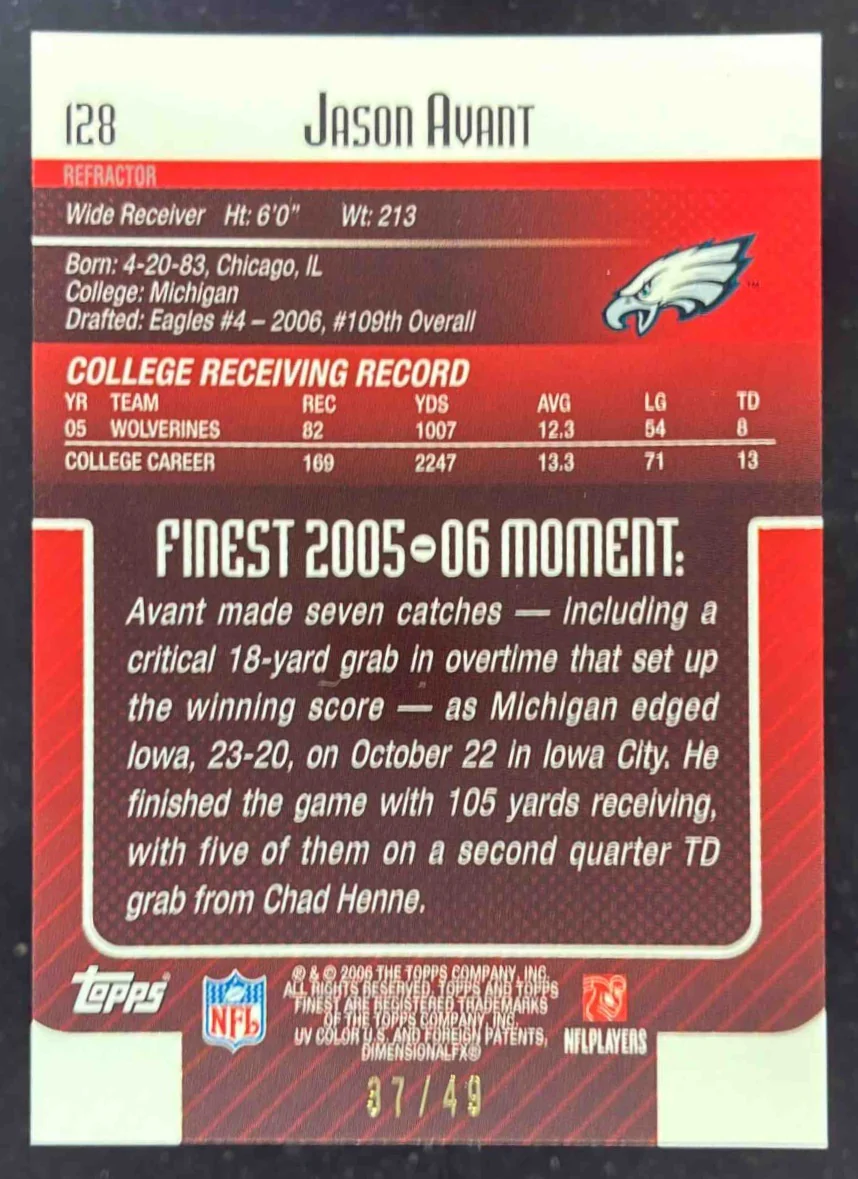 2006 Topps Finest Gold Refractors #128 Jason Avant RC /49 - Image 2