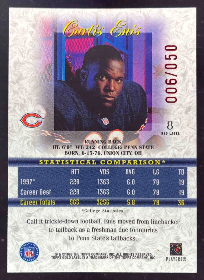 1998 Topps Gold Label Class 2 Red Label #8 Curtis Enis RC /50 - Image 2