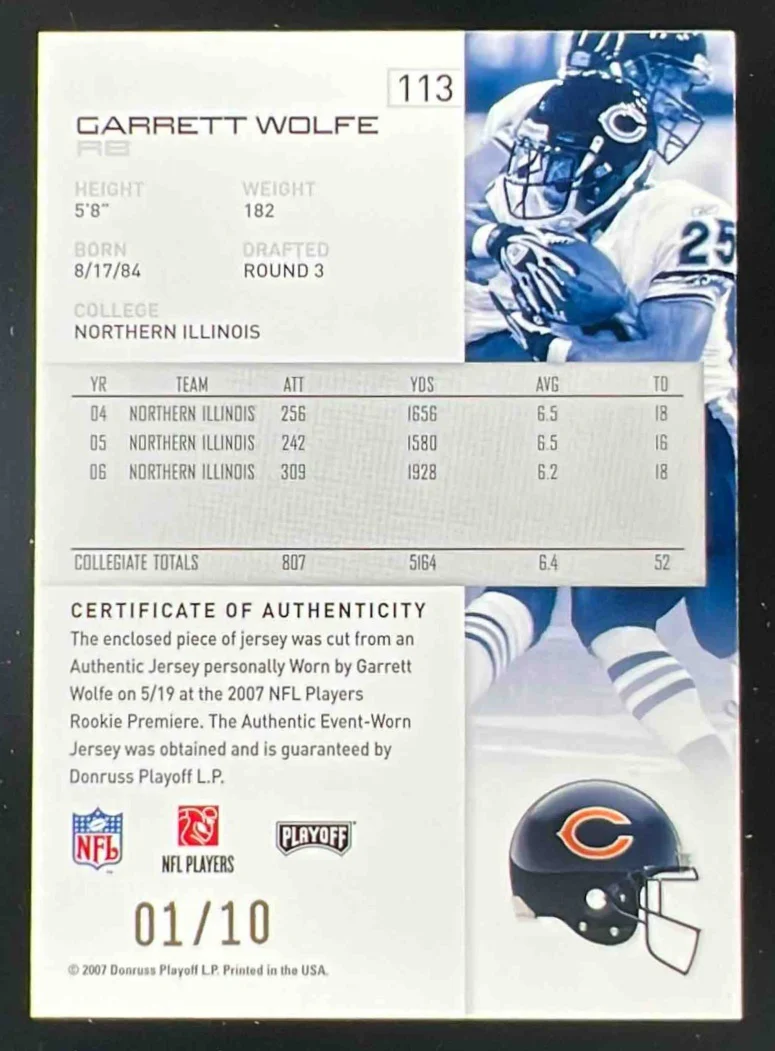 2007 Playoff NFL Playoffs Materials Gold Prime #113 Garrett Wolfe /10 - Image 2