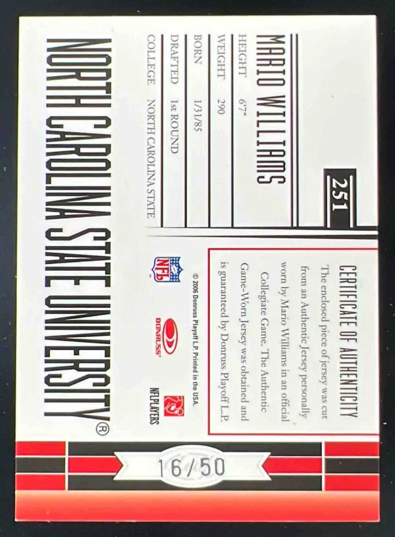 2006 Leaf Limited College Phenoms Autographs #251 Mario Williams RC Auto /50 - Image 2