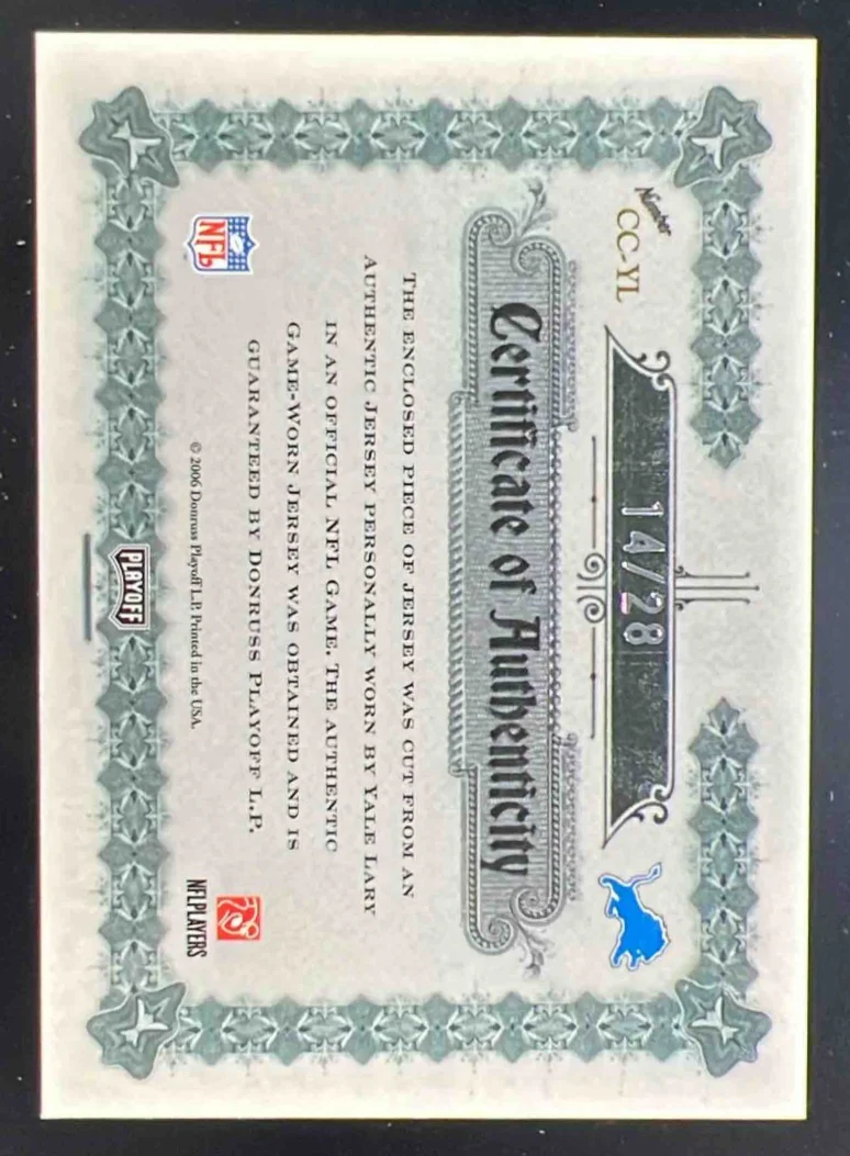 2006 National Treasures Classics Materials Jersey Number Yale Lary Auto /28 - Image 2