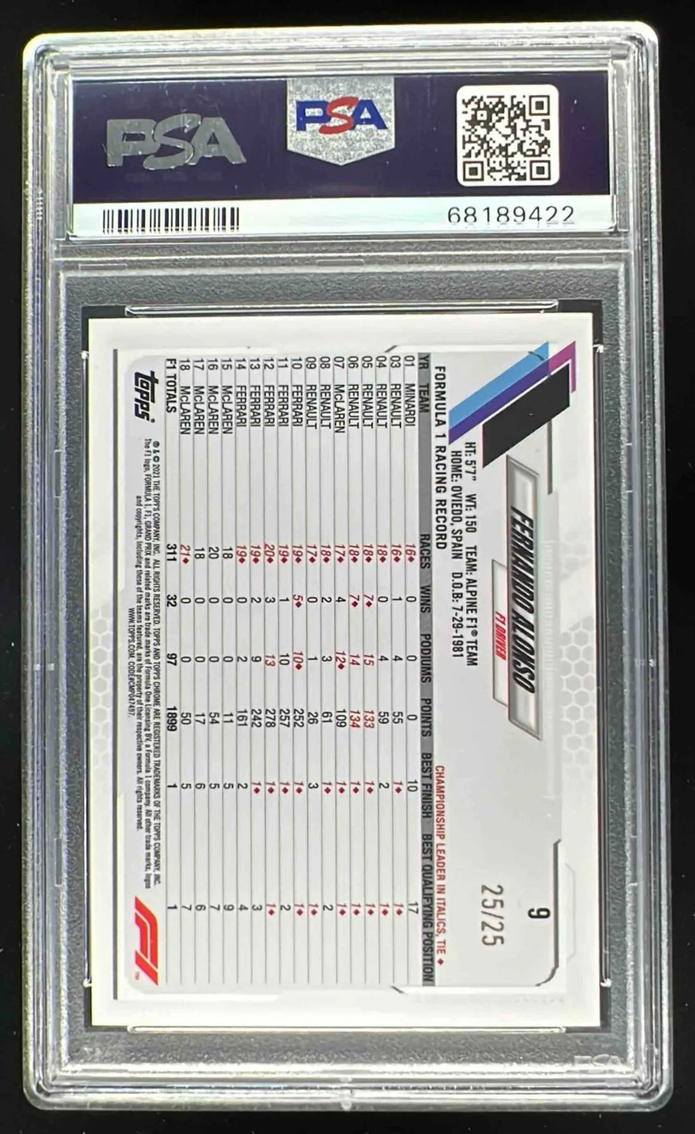 2021 Topps Chrome Formula 1 Orange Refractor #9 Fernando Alonso /25 PSA 9 - Image 2
