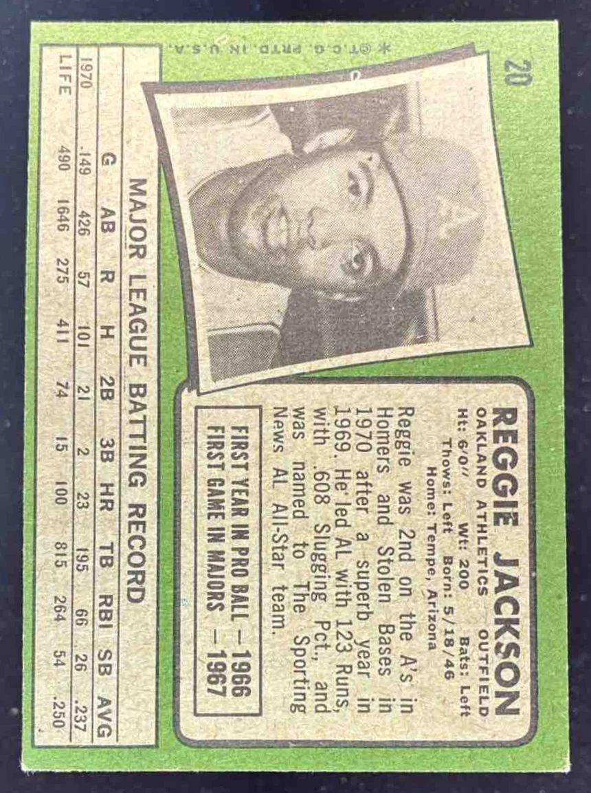 1971 Topps #20 Reggie Jackson - Image 2
