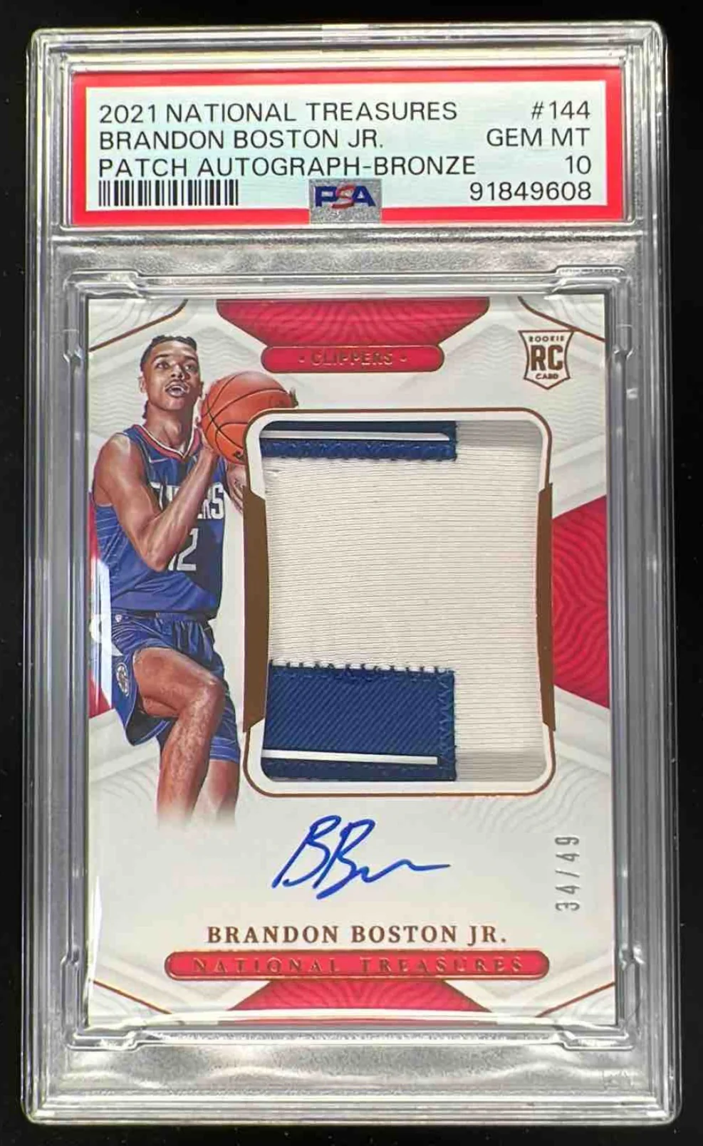2021 National Treasure Rookie Patch Bronze Brandon Boston Jr. RC Auto /49 PSA 10