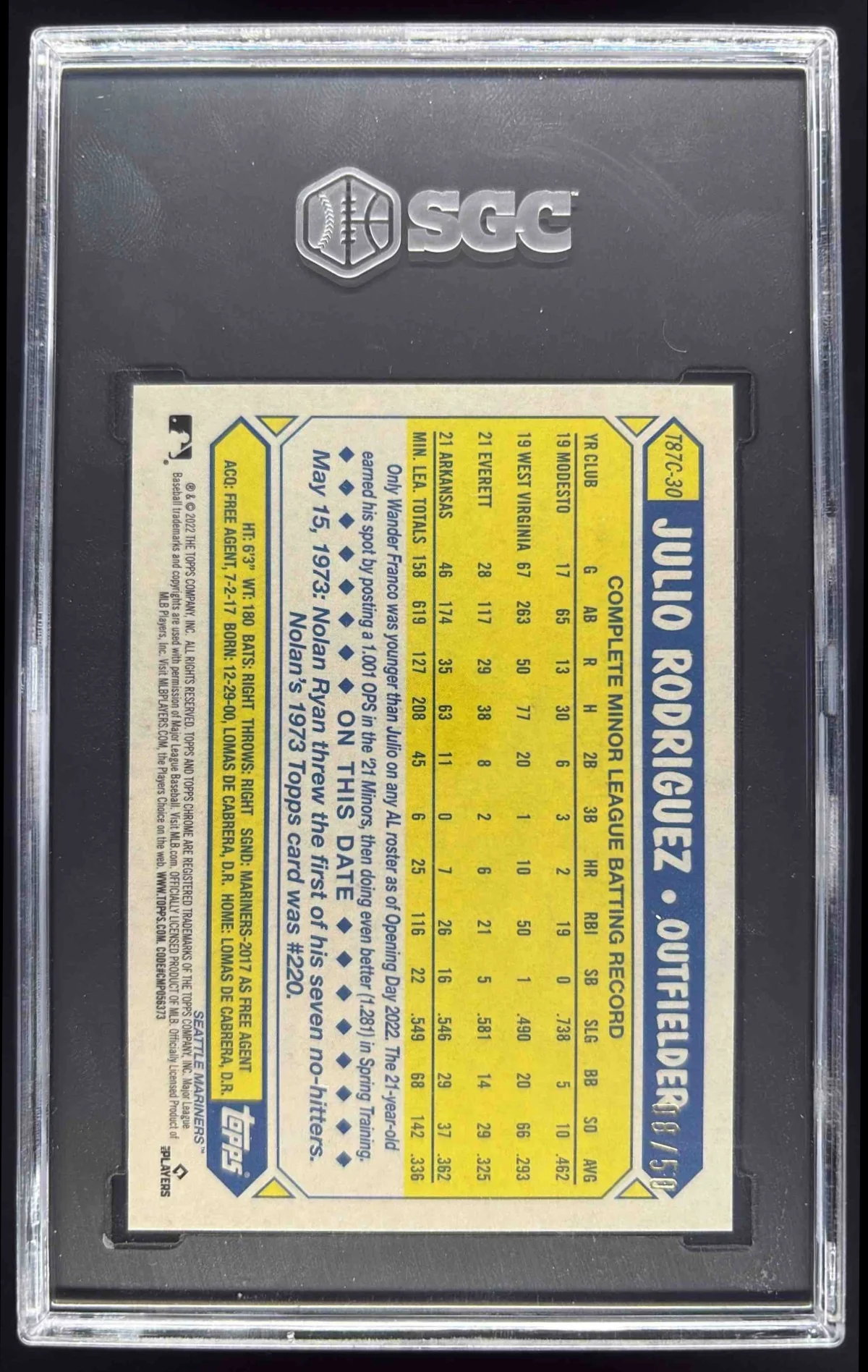 2022 Topps Update 1987 Chrome Silver Packs Gold Julio Rodriguez RC /50 SGC 9.5 - Image 2