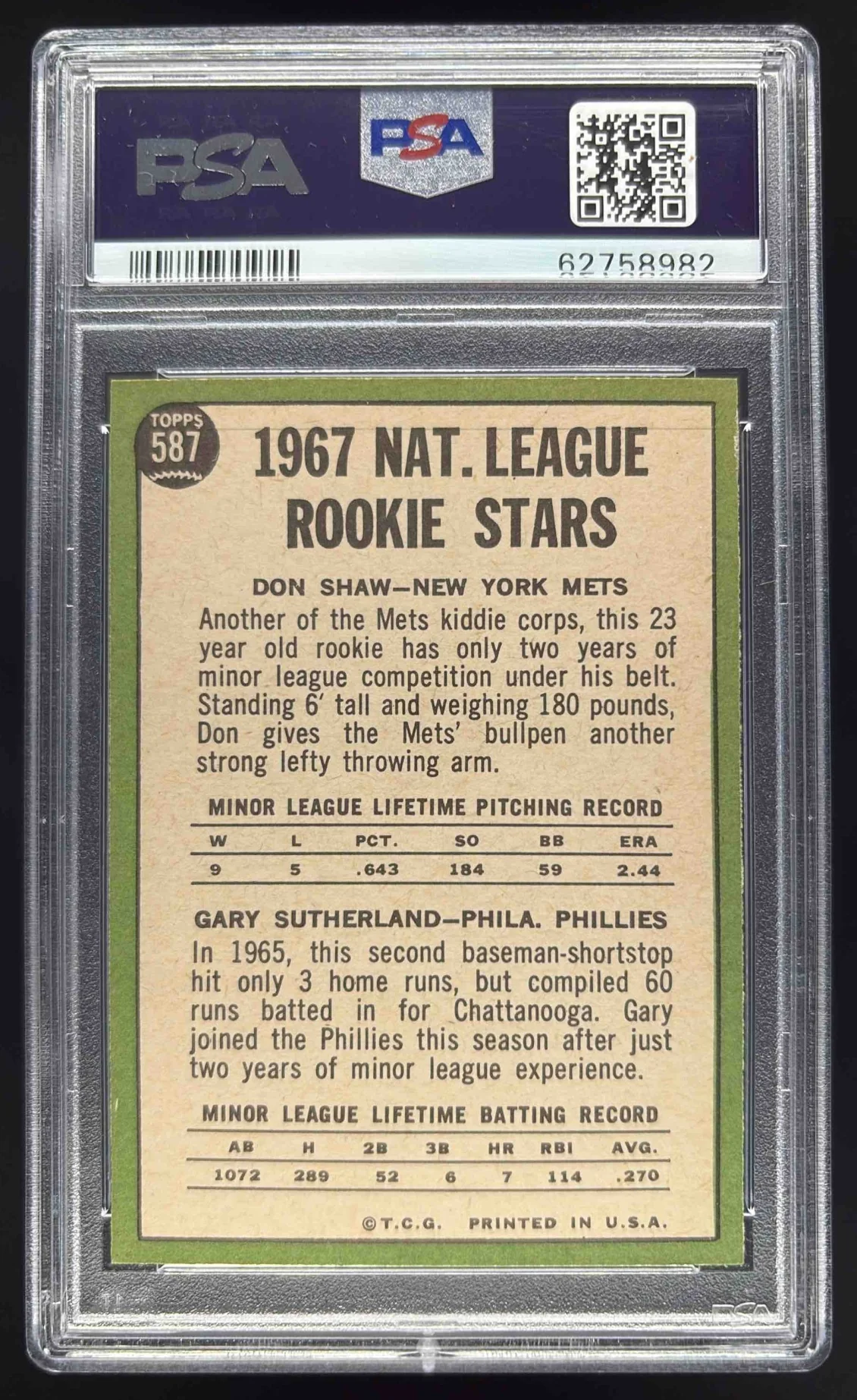 1967 Topps #587 N. League Rookie Stars (Don Shaw Gary Sutherland) RS, RC PSA 6 - Image 2
