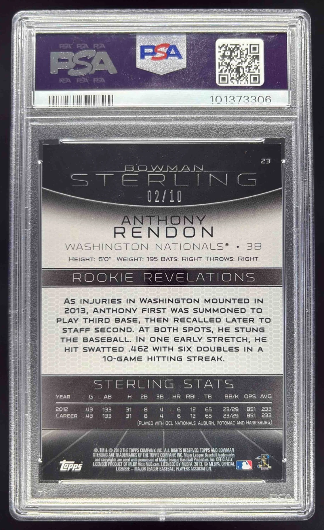 2013 Bowman Sterling Purple Refractors #23 Anthony Rendon RC /10 PSA 8 - Image 2