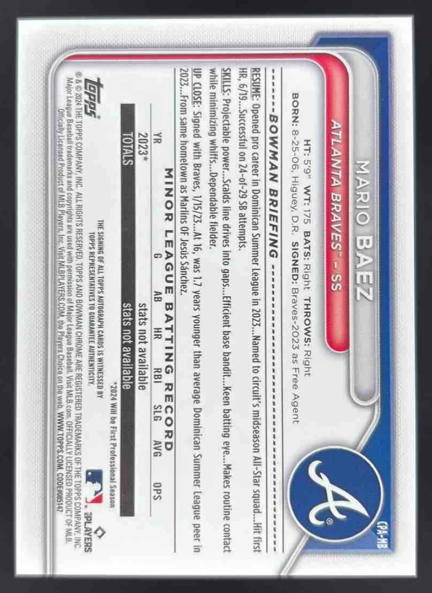 2024 Bowman Chrome Autographs Blue Refractor #CPA-MB Mario Baez RC Auto /150 - Image 2