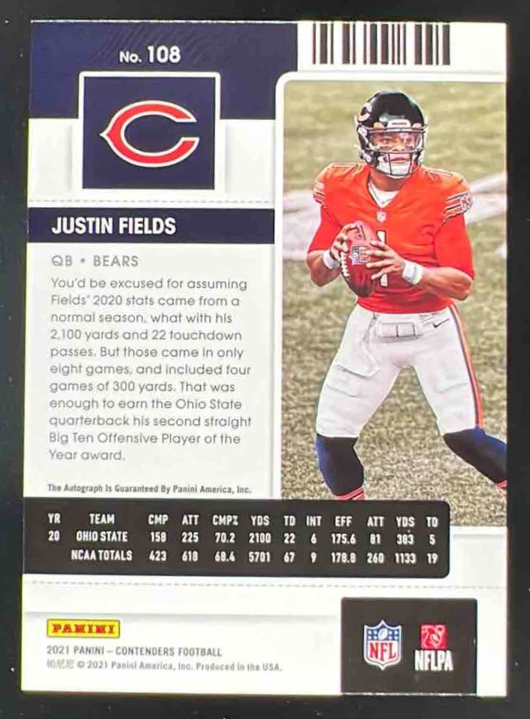 2021 Panini Contenders Red Zone Ticket #108 Justin Fields SP Autograph RC Auto - Image 2
