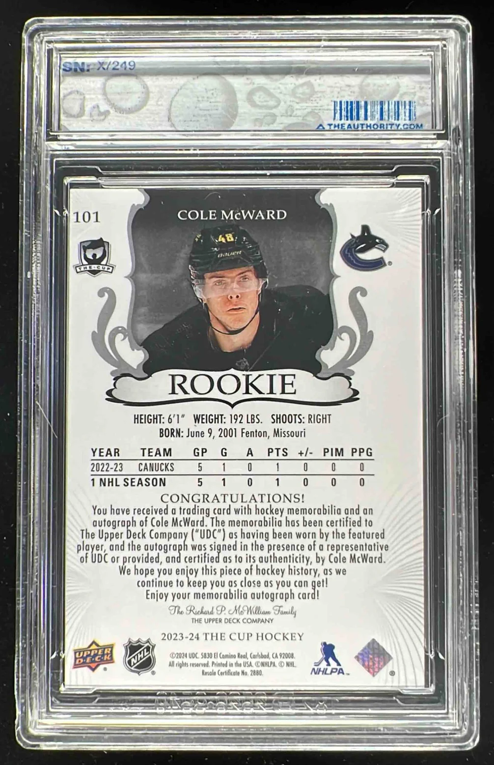 2023-24 The Cup #101 Cole McWard Rookie Patch Auto Autograph Auto /249 - Image 2