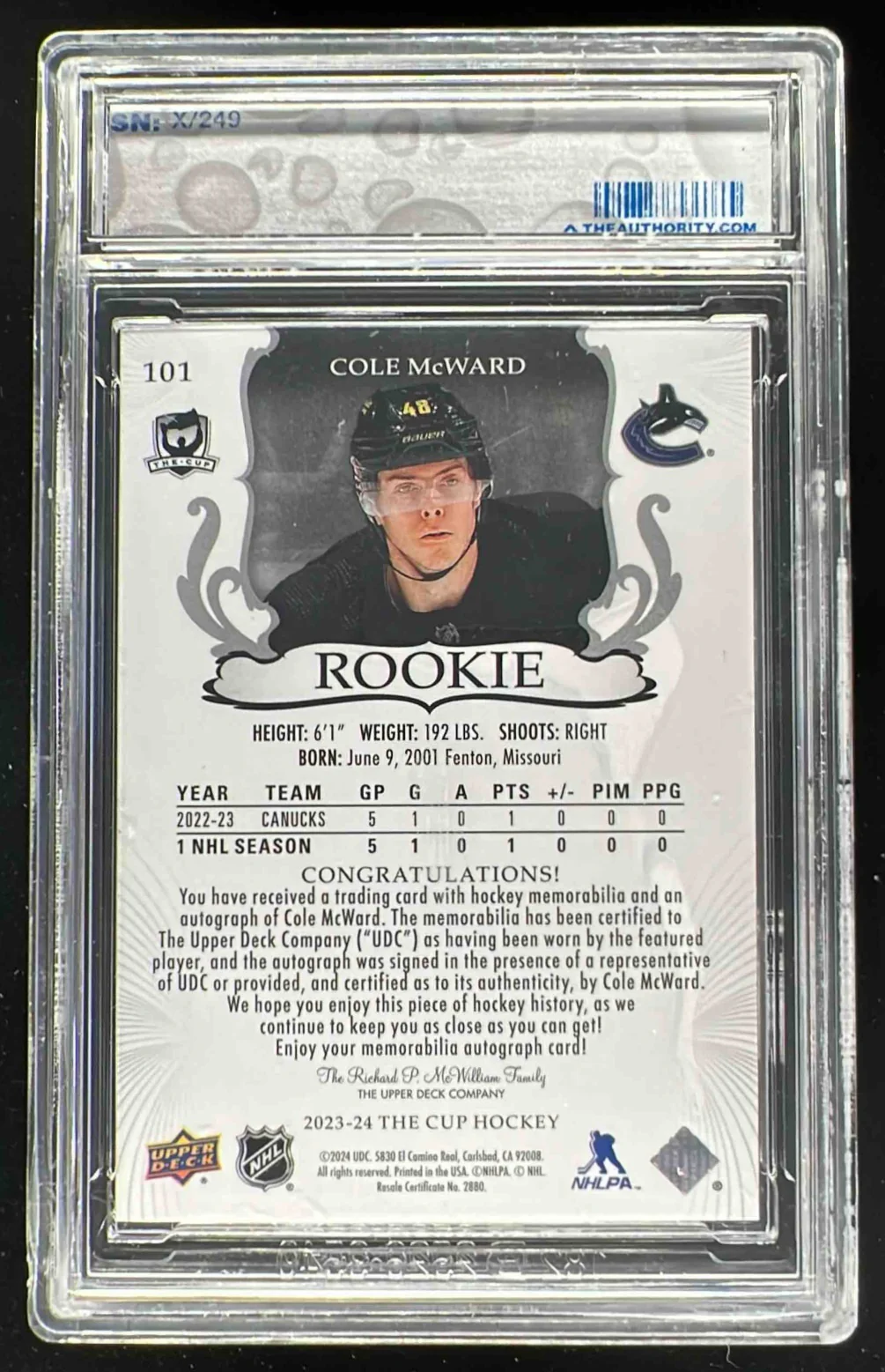 2023-24 The Cup #101 Cole McWard Rookie Patch Auto Autograph Auto /249 - Image 2