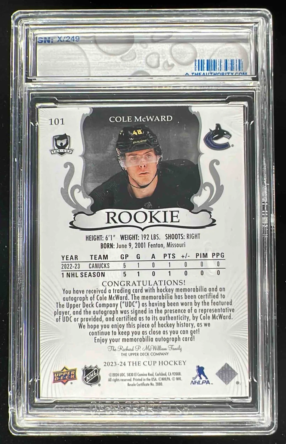 2023-24 The Cup #101 Cole McWard Rookie Patch Auto Autograph Auto /249 - Image 2