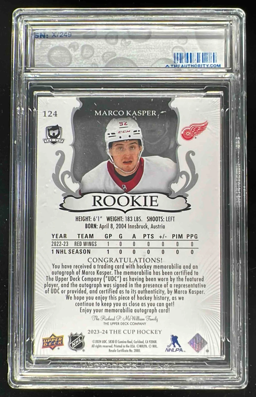 2023-24 The Cup #124 Marco Kasper Rookie Patch Auto Autograph Auto /249 - Image 2