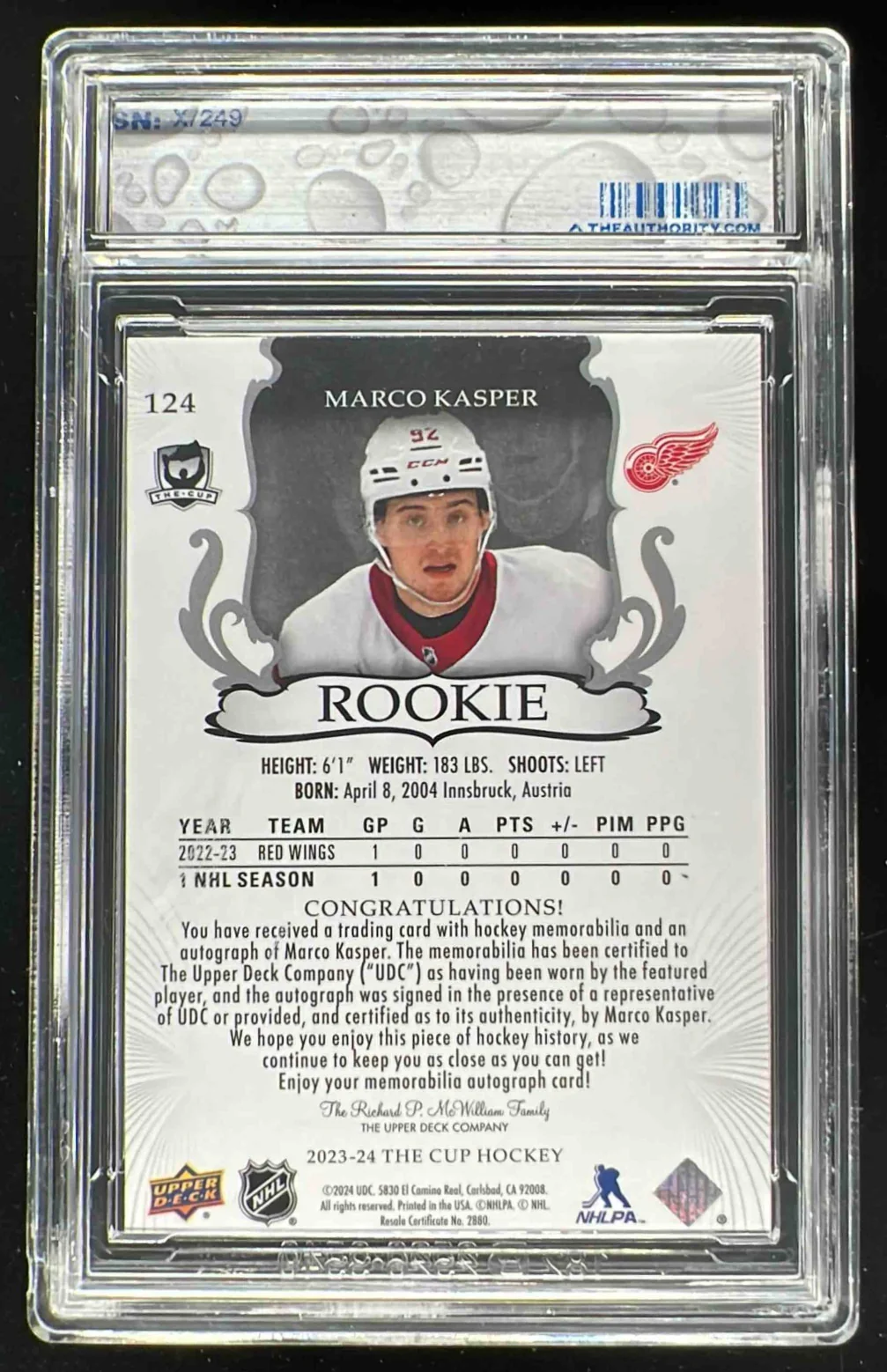 2023-24 The Cup #124 Marco Kasper Rookie Patch Auto Autograph Auto /249 - Image 2