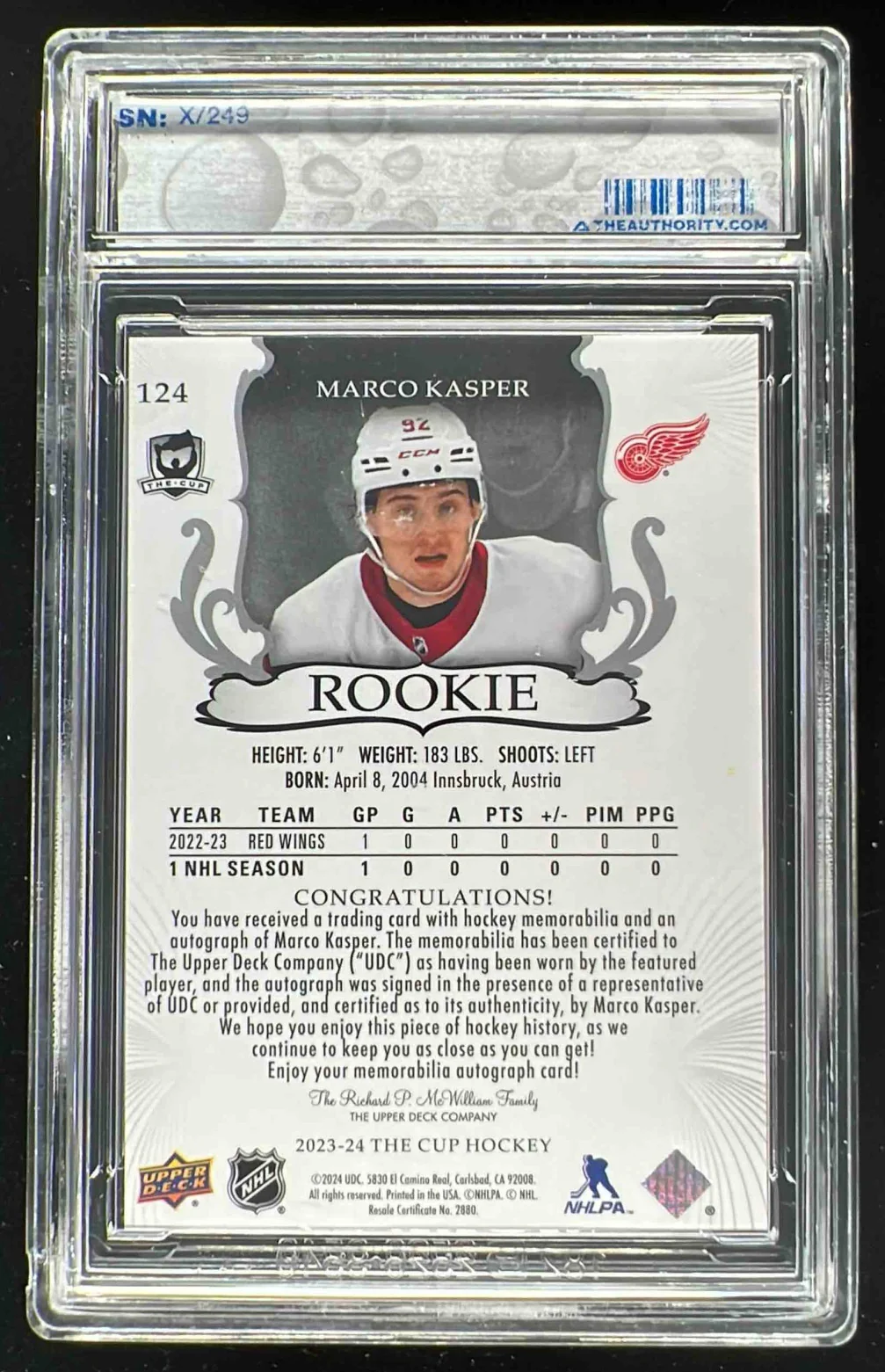 2023-24 The Cup #124 Marco Kasper Rookie Patch Auto Autograph Auto /249 - Image 2