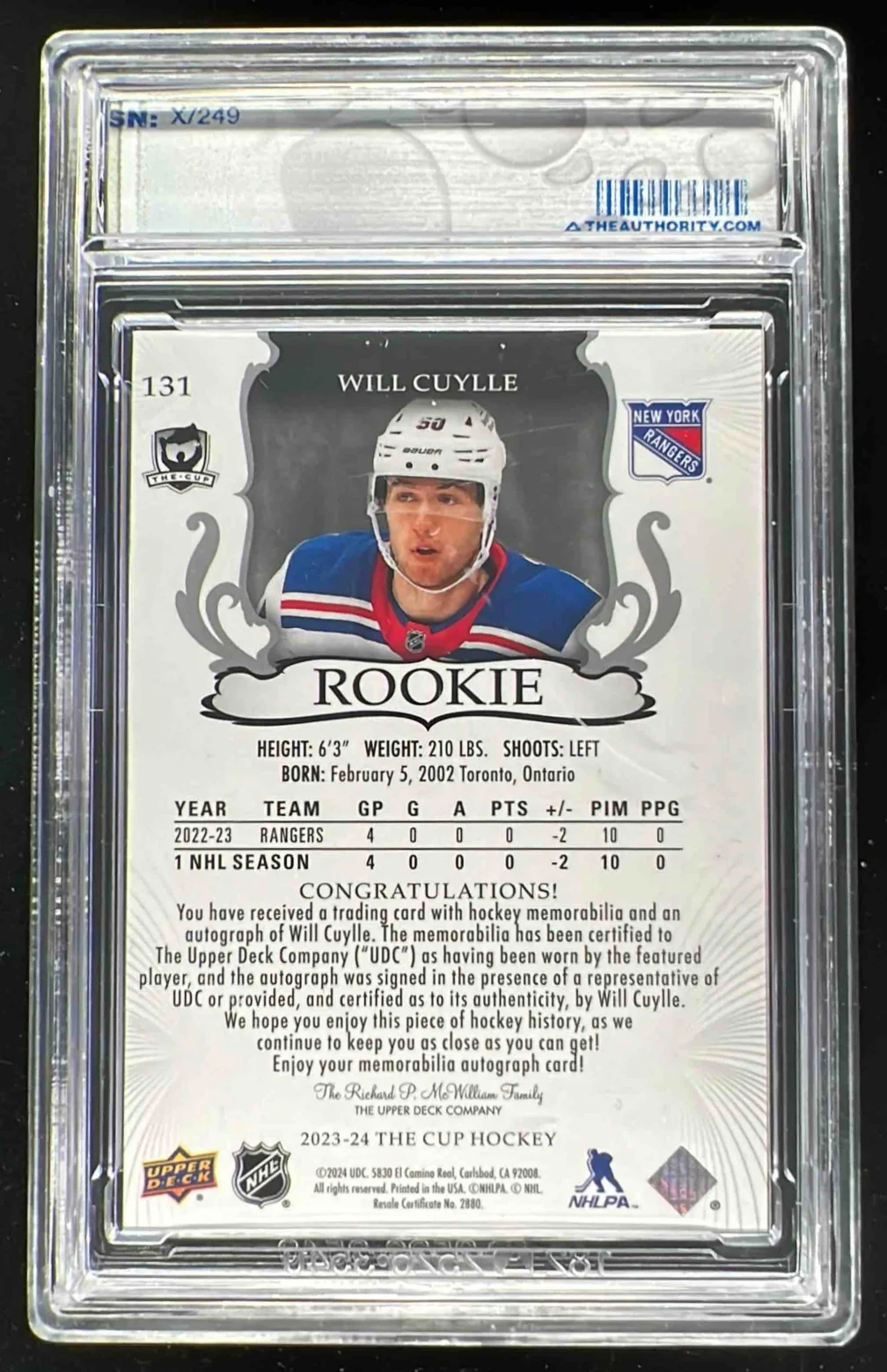2023-24 The Cup #131 Will Cuylle Rookie Patch Auto Autograph Auto /249 - Image 2