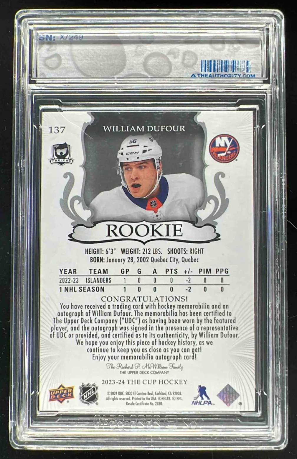 2023-24 The Cup #137 William Dufour Rookie Patch Auto Autograph Auto /249 - Image 2