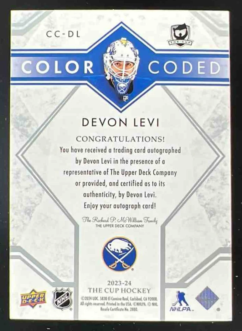 2023-24 The Cup Color Coded #CC-DL Devon Levi Autograph Auto - Image 2