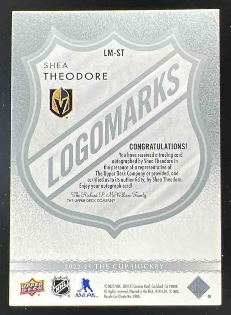 2022-23 Upper Deck The Cup LogoMarks #LM-ST Shea Theodore Auto - Image 2