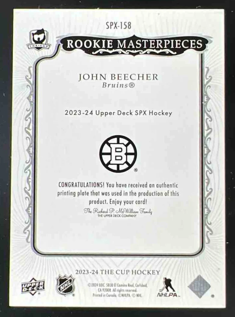 2023-24 The Cup Rookie Masterpieces Printing Plate Yellow John Beecher 1/1 - Image 2