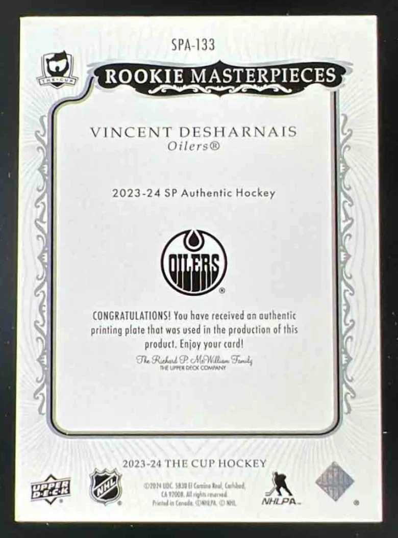 2023-24 The Cup Rookie Masterpieces Printing Plate Yellow Vincent Desharnais 1/1 - Image 2