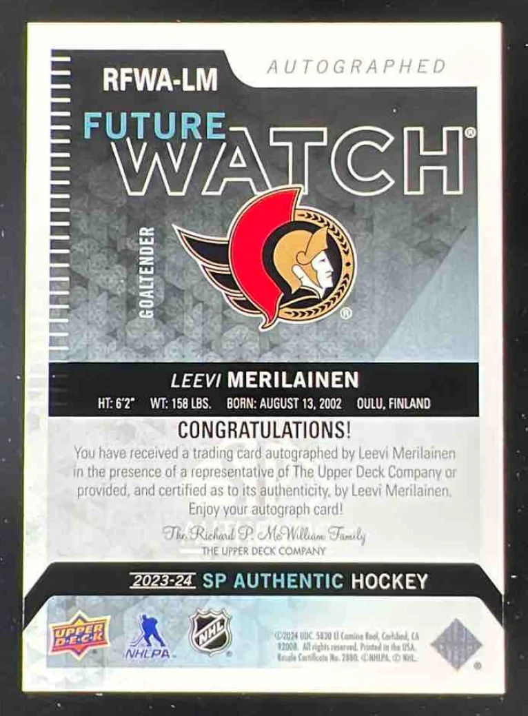 2023-24 SP Authentic Retro Future Watch #RFWA-LM Leevi Merilainen RC Auto /699 - Image 2