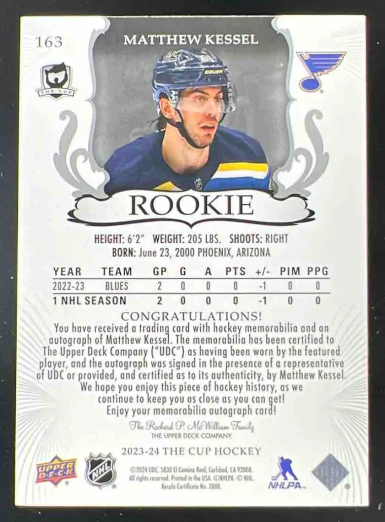 2023-24 The Cup Gold Foil #163 Matthew Kessel Autograph RC Auto /24 - Image 2