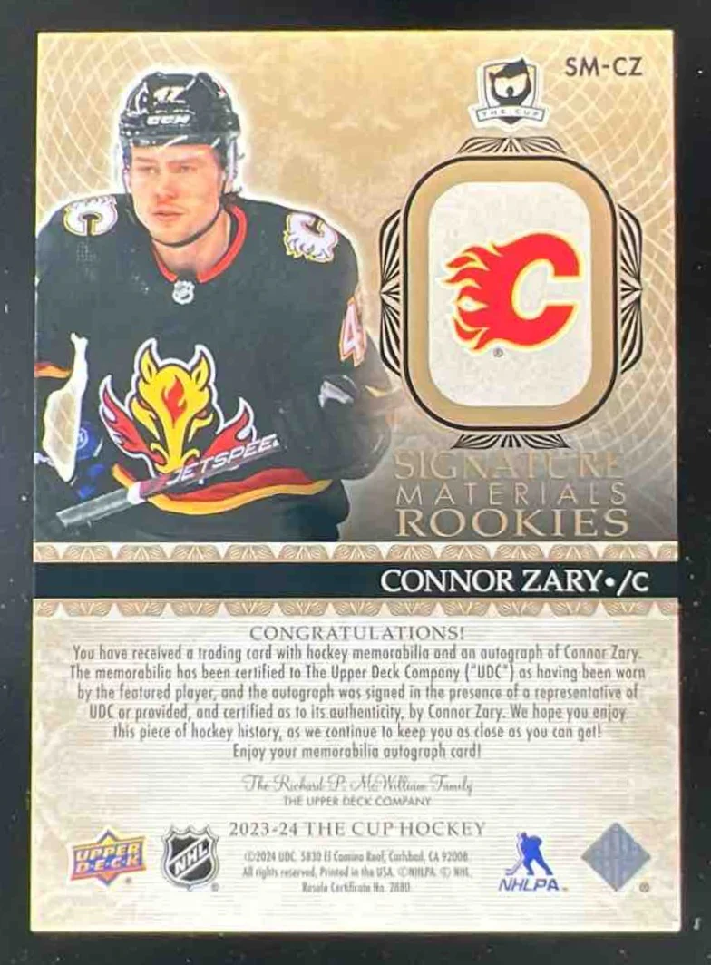 2023-24 The Cup Signature Materials #SM-CZ Connor Zary Autograph Auto /99 - Image 2