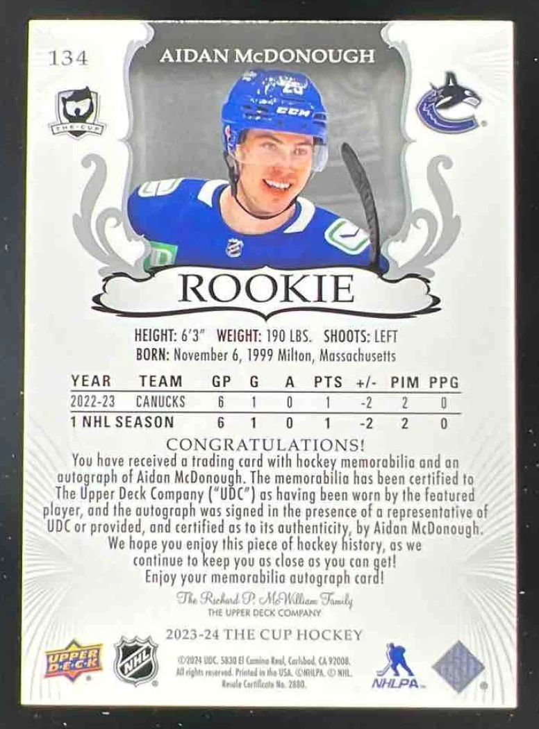 2023-24 The Cup Gold Foil #134 Aidan McDonough Autograph RC Auto /24 - Image 2