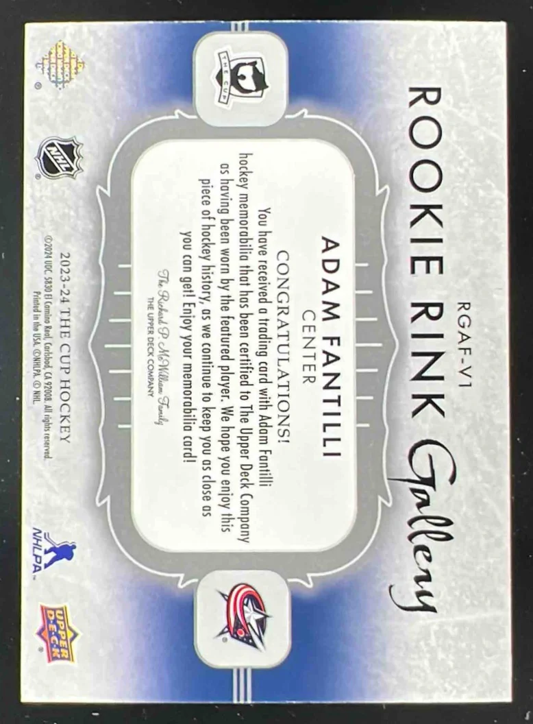 2023-24 The Cup Rookie Rink Gallery Jersey #RGAF-V1 Adam Fantilli /49 - Image 2