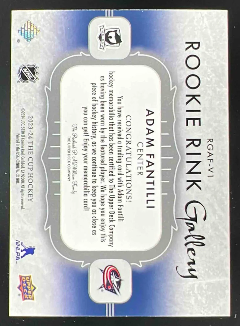 2023-24 The Cup Rookie Rink Gallery Jersey #RGAF-V1 Adam Fantilli /49 - Image 2