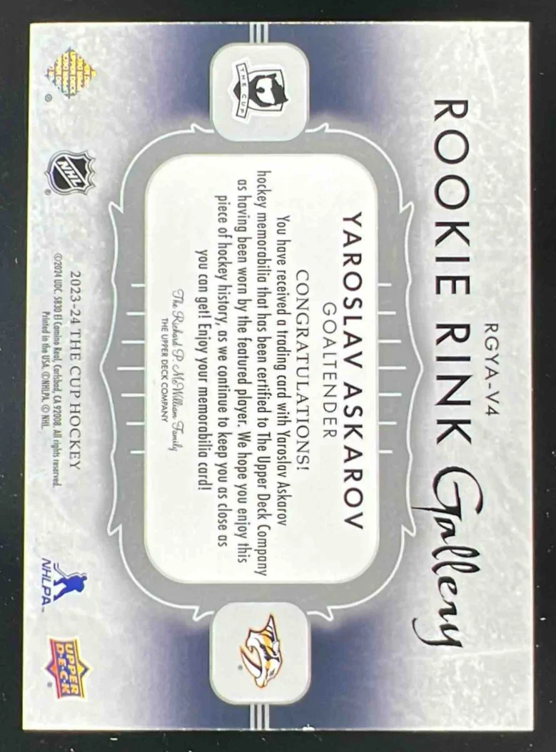 2023-24 The Cup Rookie Rink Gallery Jersey #RGYA-V4 Yaroslav Askarov /49 - Image 2